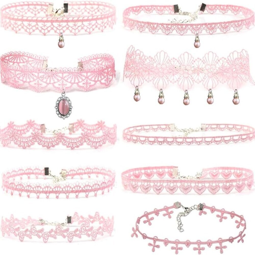 Pink Lace Choker Necklace Set 10 Pieces Lightweight Elegant Fashion Jewelry